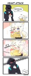 Rule 34 | +++, 0 0, 1girl, 1other, :d, :t, ^ ^, animal ear fluff, animal ears, arknights, artist name, black jacket, black skirt, blue eyes, blurry, blush, blush stickers, brown sweater, cake, cake slice, cat ears, chibi, closed eyes, commentary, doctor (arknights), eating, english commentary, english text, food, fruit, gloves, hair between eyes, heterochromia, highres, holding, holding food, holding plate, hood, hood up, hooded jacket, jacket, kurotofu, long hair, long sleeves, nightmare (arknights), open clothes, open jacket, open mouth, plate, pleated skirt, profile, red eyes, shirt, skirt, sleeves past fingers, sleeves past wrists, smile, spoon, strawberry, sweater, white gloves, white hair, white shirt