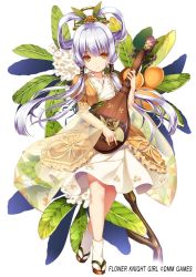 Rule 34 | 1girl, biwa (flower knight girl), biwa lute, copyright name, dress, flower knight girl, full body, hair ornament, hair rings, hair tubes, instrument, layered sleeves, long sleeves, looking at viewer, low twintails, lute (instrument), monety, puffy short sleeves, puffy sleeves, sandals, see-through, short over long sleeves, short sleeves, silver hair, solo, tabi, twintails, white legwear, wide sleeves, yellow eyes