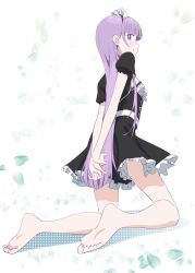 Rule 34 | 1girl, alternate costume, alternate hairstyle, apron, arms behind back, bare legs, barefoot, black dress, blush, breasts, dress, frills, from behind, full body, highres, kneeling, long hair, looking at viewer, looking back, maid, maid apron, maid headdress, makicha (sasurainopink), new game!, puffy short sleeves, puffy sleeves, purple eyes, purple hair, shadow, short sleeves, sidelocks, small breasts, solo, suzukaze aoba