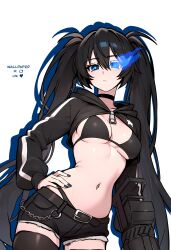 1girl absurdres arm_cannon belt belt_chain bikini bikini_top_only black_bikini black_choker black_eyes black_hair black_nails black_rock_shooter black_rock_shooter_(character) black_shorts black_shrug blue_pupils choker closed_mouth commentary cowboy_shot english_commentary glowing glowing_eye hair_between_eyes hand_on_own_hip highres hood hoodie long_hair looking_at_viewer midriff nail_polish navel redpostit short_shorts shorts shrug_(clothing) solo swimsuit twintails twitter_username very_long_hair weapon zipper