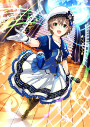 Rule 34 | 1girl, ahoge, beret, blush, breasts, commentary request, dress, gloves, green eyes, gustav (telomere na), hair between eyes, hat, highres, idolmaster, idolmaster million live!, idolmaster million live! theater days, light brown hair, looking at viewer, microphone, musical note, open mouth, piano keys, sakuramori kaori, smile, solo, white gloves