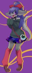 Rule 34 | 1girl, copyright request, dragon, female focus, full body, furry, furry female, long hair, open mouth, ponytail, powderkona, purple eyes, purple hair, skirt, solo, thighhighs, tongue
