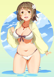 Rule 34 | 10s, 1girl, bikini, blush, breasts, brown hair, cleavage, codename47, curvy, flower, hair flower, hair ornament, idolmaster, idolmaster cinderella girls, large breasts, looking at viewer, mimura kanako, navel, open mouth, partially submerged, short hair, smile, solo, standing, swimsuit, wading, water, white bikini, wide hips, yellow eyes