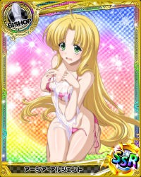 Rule 34 | 10s, 1girl, ahoge, artist request, asia argento, bikini, bishop (chess), blonde hair, breasts, card (medium), character name, chess piece, covered erect nipples, green eyes, high school dxd, long hair, medium breasts, official art, pink bikini, solo, swimsuit, tears, torn clothes, torn swimsuit, towel, trading card, very long hair