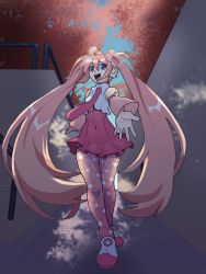 Rule 34 | 1girl, alternate color, bad id, bad tumblr id, crossed legs, detached sleeves, flat chest, hair ornament, hatsune miku, headphones, highres, lilirulu, long hair, navel, necktie, open mouth, outstretched hand, pantyhose, pink hair, pink theme, purple eyes, sakura miku, skin tight, solo, spring (season), standing, twintails, unfinished, very long hair, vocaloid