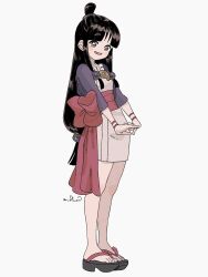 Rule 34 | 1girl, ace attorney, black hair, bright pupils, brown eyes, full body, highres, jewelry, long hair, low-tied long hair, magatama, magatama necklace, maya fey, necklace, omen hohoho, open mouth, sandals, sidelocks, simple background, smile, solo, standing, topknot, white background, white pupils