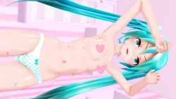 Rule 34 | 00s, 1girl, 3d, angry, aqua eyes, aqua hair, armpits, arms up, blush, censored, censored nipples, flat chest, hatsune miku, heart, heart censor, long hair, looking at viewer, matching hair/eyes, navel, open mouth, panties, polka dot, polka dot panties, shiny skin, sideways, solo, standing, sweat, topless, touka1014, twintails, underwear, vocaloid