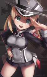 Rule 34 | 10s, 1girl, :d, anchor hair ornament, aqua eyes, artist name, black thighhighs, blonde hair, breasts, commentary, cross, hair ornament, hand on own hip, hat, highres, iron cross, kantai collection, large breasts, looking at viewer, microskirt, military, military hat, military uniform, novcel, open mouth, peaked cap, prinz eugen (kancolle), revision, salute, skirt, smile, solo, swastika, teeth, thighhighs, twintails, uniform