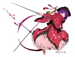 Rule 34 | 1girl, 2016, bad id, bad twitter id, barefoot, bowl, bowl hat, covered mouth, dated, eyebrows, frilled skirt, frills, full body, hat, japanese clothes, kimono, miracle mallet, needle, obi, over shoulder, purple hair, red eyes, red kimono, sash, shishi osamu, short hair, skirt, solo, sukuna shinmyoumaru, touhou, weapon, weapon over shoulder, white background, white skirt, wide sleeves