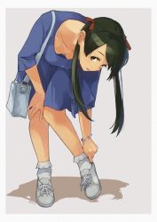 Rule 34 | 1girl, adjusting footwear, alternate costume, bag, bent over, black eyes, black hair, blue dress, bracelet, breasts, dress, hair ribbon, jewelry, kantai collection, long hair, makio (makiomeigenbot), medium breasts, mikuma (kancolle), open mouth, ribbon, shadow, shoes, shoulder bag, signature, simple background, socks, solo, twintails, two-tone background, white footwear, white socks
