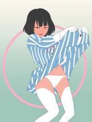 Rule 34 | 1girl, akashi (yojouhan), black eyes, black hair, blue dress, bob cut, buttons, clothes lift, dress, dress lift, feet out of frame, gluteal fold, gradient background, highres, mole, mole under eye, navel, neck ribbon, open mouth, panties, ribbon, sarura, short hair, short sleeves, standing, striped clothes, striped dress, sweatdrop, thighs, underwear, white panties, yojouhan shinwa taikei