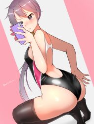 Rule 34 | 1girl, absurdres, akebono (kancolle), ass, black eyes, black one-piece swimsuit, black thighhighs, breasts, commentary request, competition swimsuit, dutch angle, flower, hair flower, hair ornament, highleg, highleg swimsuit, highres, holding, holding phone, kantai collection, katsuten, long hair, looking at object, looking at phone, multicolored clothes, multicolored swimsuit, one-piece swimsuit, phone, purple hair, side ponytail, small breasts, solo, squatting, swimsuit, taking picture, thighhighs, two-tone background, very long hair