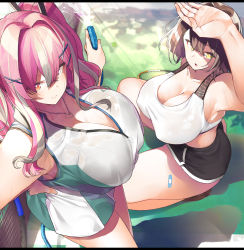 Rule 34 | 2girls, arm up, armor, azur lane, baltimore (azur lane), baltimore (black ace) (azur lane), bandaid, bandaid on thigh, black shorts, breasts, bremerton (azur lane), bremerton (scorching-hot training) (azur lane), brown hair, cleavage, closed mouth, collarbone, commentary request, crop top, dappled sunlight, day, dolphin shorts, grey hair, hair between eyes, hair ornament, highres, kneeling, large breasts, miya ur, multicolored hair, multiple girls, necktie, official alternate costume, open mouth, outdoors, pink hair, racket, shorts, skirt, smile, sports bra, sportswear, standing, streaked hair, sunlight, tennis racket, tennis uniform, two-tone hair, white skirt, white sports bra, x hair ornament, yellow eyes