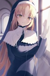 Rule 34 | 1girl, absurdres, aya (lezon), black robe, breasts, brown eyes, gloves, habit, highres, indoors, large breasts, light brown hair, long hair, long sleeves, looking at viewer, nijisanji, nun, parted bangs, robe, sister claire, sister claire (1st costume), solo, standing, traditional nun, upper body, virtual youtuber, white gloves, window