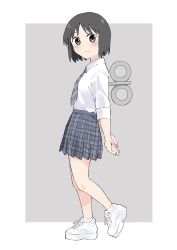 Rule 34 | arms behind back, black eyes, black hair, blush, closed mouth, commentary request, from side, full body, grey skirt, highres, looking at viewer, looking to the side, nichijou, ookiiayu, plaid, plaid skirt, school uniform, shinonome nano, shirt, shoes, short hair, skirt, sleeves rolled up, sneakers, solo, tokisadame school uniform, white footwear, white shirt, winding key