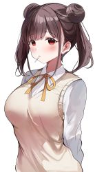 Rule 34 | 1girl, absurdres, beige vest, blush, breasts, brown hair, candy, collared shirt, double bun, dress shirt, food, hair bun, highres, idolmaster, idolmaster shiny colors, large breasts, lollipop, long hair, long sleeves, looking at viewer, red eyes, ribbon, sak (lemondisk), shirt, short twintails, simple background, sonoda chiyoko, sweater vest, twintails, white shirt, yellow ribbon
