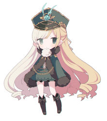 Rule 34 | 1girl, black footwear, blonde hair, blush, boots, chibi, cloak, closed mouth, commentary request, copyright request, dress, full body, fur-trimmed cloak, fur-trimmed sleeves, fur trim, green cloak, green dress, green eyes, green hat, grey eyes, hat, heterochromia, highres, kikka (kicca choco), knee boots, long hair, long sleeves, looking at viewer, multicolored hair, peaked cap, sidelocks, simple background, sleeves past fingers, sleeves past wrists, solo, standing, two-tone hair, very long hair, white background, white hair
