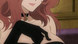 Rule 34 | 1girl, animated, black dress, breasts, brown eyes, brown hair, choker, cleavage, dress, elbow gloves, gloves, hair over one eye, highres, large breasts, long hair, lupin iii, lupin iii part 6, mine fujiko, mole, mole under mouth, smile, tagme, video