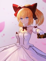 Rule 34 | 1girl, ahoge, artoria pendragon (fate), bare shoulders, blonde hair, blue eyes, bow, breasts, collarbone, commentary request, detached collar, dress, fate/stay night, fate (series), hair bow, holding, large bow, leaf, looking at viewer, medium breasts, moth1, ponytail, red bow, saber lily, sleeveless, sleeveless dress, solo, strapless, strapless dress, white dress