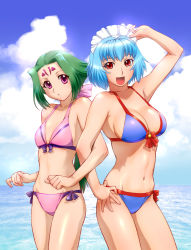 Rule 34 | 2girls, bikini, blue hair, blue sky, breasts, cleavage, cloud, creator connection, crossover, day, dorae tachibana doryayev, facial mark, fiona (zoids), flat chest, forehead mark, front-tie top, green hair, hand on own hip, hip focus, large breasts, locked arms, long hair, looking at viewer, maid headdress, medium breasts, multiple girls, ocean, outdoors, pink eyes, ponytail, red eyes, short hair, side-tie bikini bottom, sky, smile, summer, swimsuit, tsumanuda fight town, ueyama michirou, water, zoids, zoids chaotic century