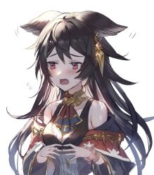 Rule 34 | 1girl, animal ears, ascot, bare shoulders, black hair, black shirt, blush, breasts, cleavage, detached collar, earrings, ears down, flying sweatdrops, granblue fantasy, jewelry, long hair, looking to the side, motion lines, nier (granblue fantasy), off shoulder, raised eyebrows, red eyes, scrunchie, shiromimin, shirt, simple background, single earring, small breasts, solo, sweat, tank top, upper body, white background, wrist scrunchie