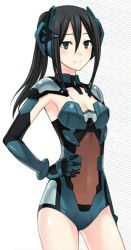 Rule 34 | 1girl, black eyes, black hair, bodysuit, breasts, cleavage, cleavage cutout, closed mouth, clothing cutout, date a live, female focus, hair between eyes, headgear, kusakabe ryouko (date a live), leotard, long hair, looking at viewer, mecha musume, medium breasts, ponytail, revealing clothes, smile, solo, standing