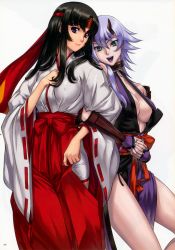 Rule 34 | 2girls, absurdres, black hair, blue lips, blue nails, breasts, cleavage, covered erect nipples, eiwa, green eyes, hakama, hakama skirt, headband, highres, horns, japanese clothes, large breasts, lipstick, locked arms, long hair, makeup, miko, multiple girls, musha miko tomoe, nail polish, ninja, open mouth, own hands clasped, own hands together, purple eyes, queen&#039;s blade, red hakama, ribbon-trimmed sleeves, ribbon trim, scan, shizuka (queen&#039;s blade), silver hair, skirt, smile, tomoe (queen&#039;s blade), tomoe (queen's blade)