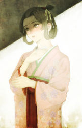 Rule 34 | 1girl, absurdres, ace attorney, black eyes, black hair, cowboy shot, hair ribbon, highres, japanese clothes, kimono, looking away, susato mikotoba, obi, parted lips, pink kimono, ribbon, sash, short hair, so (user 23199496), solo, standing, the great ace attorney, the great ace attorney: adventures, updo, white background, wide sleeves, yellow ribbon