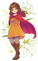 Rule 34 | 1girl, absurdres, antenna hair, blush, boots, braid, brown hair, cape, crescent, dress, flower, half-closed eyes, head tilt, highres, jewelry, lily (flower), long hair, looking at viewer, necklace, original, pants, pants under dress, purple hair, q yan31, smile, solo, thick eyebrows, wind