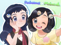 Rule 34 | 2girls, ;d, aria pkmn, black hair, black shirt, bracelet, character name, closed mouth, commentary request, creatures (company), dawn (pokemon), eyelashes, floral print, game freak, gen 4 pokemon, gen 7 pokemon, grey eyes, hair ornament, hairclip, hand up, highres, jewelry, long hair, multiple girls, nintendo, one eye closed, open mouth, piplup, pokemon, pokemon dppt, pokemon sm, red scarf, rowlet, scarf, selene (pokemon), shirt, short sleeves, sleeveless, sleeveless shirt, smile, t-shirt, themed object, yellow shirt