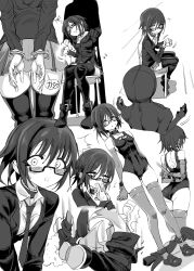 Rule 34 | 1girl, arms behind back, ass, bdsm, bondage, bound, collar, cuffs, embarrassed, glasses, greyscale, handcuffs, highres, kinbakuman, monochrome, original, restrained, short hair, slave, swimsuit, thighhighs, undressing