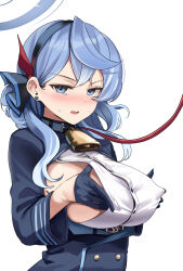 Rule 34 | 1girl, absurdres, ako (blue archive), bell, belt, belt collar, black gloves, blue archive, blue eyes, blue hair, blush, breasts, collar, commentary request, cowbell, dvdraw, earrings, gloves, hair between eyes, hairband, half gloves, halo, hands on own chest, highres, jewelry, large breasts, leash, long hair, long sleeves, looking at viewer, neck bell, parted lips, sideboob, sidelocks, solo, sweat, nervous sweating, white background