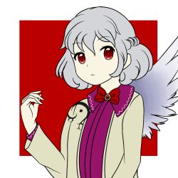 Rule 34 | 1girl, bow, bowtie, expressionless, jacket, kawarunrun, kishin sagume, red background, red eyes, shirt, short hair, silver hair, simple background, single wing, touhou, two-tone background, white background, wings