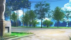 Rule 34 | arsenixc, blue sky, cloud, cloudy sky, commentary, day, everlasting summer, game cg, grass, highres, no humans, outdoors, power lines, scenery, sky, statue, tree, utility pole