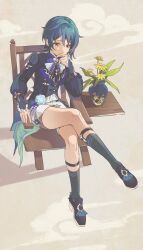 Rule 34 | 1boy, black socks, blue flower, blue hair, blue rose, bow, bowtie, brown background, buttons, chair, closed mouth, cloud, crossed legs, flower, fridaynightcat, frills, gem, genshin impact, gold trim, hair between eyes, hand up, highres, jacket, leaf, long sleeves, looking to the side, male focus, official alternate costume, plant, puffy long sleeves, puffy sleeves, purple bow, purple bowtie, purple footwear, purple gemstone, purple jacket, rose, shadow, shoes, short hair, shorts, sitting, socks, solo, tassel, vase, white shorts, xingqiu (bamboo rain) (genshin impact), xingqiu (genshin impact), yellow eyes, yellow flower
