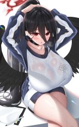 Rule 34 | 1girl, :o, absurdres, adjusting hair, arms up, bird wings, black choker, blue archive, bra, breasts, choker, clipboard, crossed legs, hasumi (blue archive), hasumi (track) (blue archive), heavy breathing, highres, huge breasts, jacket, long hair, long sleeves, looking at viewer, open clothes, open jacket, open mouth, ponytail, red eyes, see-through, see-through shirt, shirt, short shorts, shorts, sitting, solo, thighs, track jacket, underwear, white shirt, wings, yunagi amane