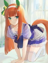 Rule 34 | 1girl, all fours, animal ears, back bow, bed sheet, blue bow, blue bowtie, bow, bowtie, collarbone, commentary, curtains, eyelashes, frilled skirt, frills, green eyes, hair ornament, hairband, highres, horse ears, horse girl, horse tail, indoors, kkokko, legs, light blush, long hair, looking at viewer, morning, no shoes, on bed, orange hair, plant, pleated skirt, puffy short sleeves, puffy sleeves, purple shirt, sailor collar, school uniform, see-through, shirt, short sleeves, sidelocks, silence suzuka (umamusume), skirt, smile, solo, tail, thighhighs, thighs, tracen school uniform, umamusume, white hairband, white sailor collar, white skirt, white thighhighs, window