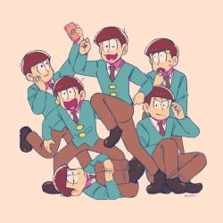 Rule 34 | 10s, 6+boys, artist name, bad id, bad twitter id, brothers, fetal position, formal, heart, heart in mouth, male focus, matching outfits, matsuno choromatsu, matsuno ichimatsu, matsuno jyushimatsu, matsuno karamatsu, matsuno osomatsu, matsuno todomatsu, multiple boys, oshimatsu, osomatsu-kun, osomatsu-san, osomatsu (series), pink background, selfie, sextuplets, siblings, simple background, sitting, smile, standing, standing on one leg, suit, sweat
