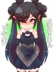 Rule 34 | 1girl, backbeako (torotei), backbeard, birthday, black dress, black gloves, black hair, black ribbon, black thighhighs, blush, closed mouth, commentary request, dress, elbow gloves, eyes visible through hair, gegege no kitarou, gloves, hair over one eye, hair ribbon, heart, heart hands, highres, kono lolicon domome, long hair, looking at viewer, one eye closed, original, pointy ears, polka dot, polka dot background, red eyes, ribbon, simple background, sleeveless, sleeveless dress, smile, solo, straight-on, thighhighs, torotei, translated, twintails, very long hair, white background