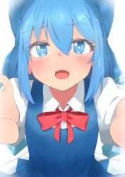 Rule 34 | 1girl, absurdres, bloom, blue eyes, blue hair, blush, bow, cirno, dress, face, foreshortening, from above, highres, looking at viewer, mizune (winter), open mouth, outstretched arms, reaching, reaching towards viewer, shirt, short sleeves, solo, touhou
