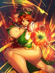 Rule 34 | 1girl, beret, black gloves, bracer, braid, breasts, bursting breasts, chinese clothes, cleavage, cowboy shot, explosion, fingerless gloves, gloves, hat, highres, hong meiling, large breasts, long hair, looking at viewer, melon22, no panties, open mouth, puffy short sleeves, puffy sleeves, red eyes, red hair, shiny skin, short sleeves, side slit, solo, star (symbol), thighs, torn clothes, touhou, tsurime, twin braids, unaligned breasts