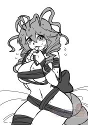 Rule 34 | 1girl, antennae, bed, blush, breasts, breasts squeezed together, cajita, cleavage, crying, drill hair, funamusea, highres, large breasts, lobco, long hair, looking at viewer, monochrome, oounabara to wadanohara, solo, sweat, twin drills