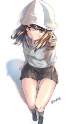 Rule 34 | 1girl, blue footwear, blue hat, blue shirt, brown eyes, brown hair, buchikaki, closed mouth, commentary, dress shirt, full body, girls und panzer, grey skirt, grey socks, hand in own hair, hat, keizoku school uniform, loafers, long hair, long sleeves, looking at viewer, mika (girls und panzer), miniskirt, pleated skirt, school uniform, shadow, shirt, shoes, simple background, sitting, skirt, smile, socks, solo, striped clothes, striped shirt, tulip hat, twitter username, vertical-striped clothes, vertical-striped shirt, white background, white shirt, wind