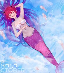 Rule 34 | 1girl, absurdres, bra, fish, from above, highres, hololive, hololive english, horns, irys (hololive), lying, ma draws, mermaid, monster girl, navel, partially submerged, pointy ears, red hair, underwear, virtual youtuber, water, white bra