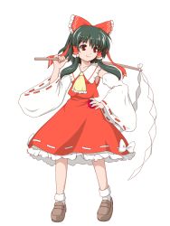 Rule 34 | 1girl, ascot, black hair, bow, detached sleeves, dress, full body, gohei, hair bow, hair tubes, hakurei reimu, hand on own hip, highres, japanese clothes, miko, mystical power plant, red dress, red eyes, shoes, short hair, sidelocks, smile, socks, solo, teitoku, touhou, transparent background, white background, yellow ascot