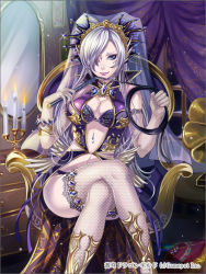 Rule 34 | 1girl, bad id, bad pixiv id, blue eyes, breasts, fishnet pantyhose, fishnets, hair over one eye, jewelry, large breasts, long hair, lots of jewelry, matsurika youko, original, pantyhose, sitting, smile, solo, soukyuu dragon guild, thighhighs, tiara, veil, whip, white hair