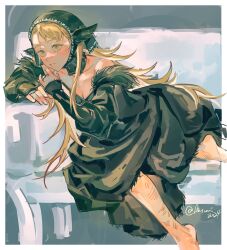 Rule 34 | 1girl, asymmetrical bangs, bare shoulders, barefoot, black dress, black hood, blonde hair, closed mouth, couch, detached hood, detached sleeves, dress, dungeon meshi, ear covers, elf, feet out of frame, flipped hair, green eyes, highres, hood, hood up, injury, kasumi007, leaning to the side, long hair, marcille donato, marcille donato (lord), official alternate costume, outside border, parted lips, pointy ears, sad, scratches, solo, spoilers, tearing up, very long hair