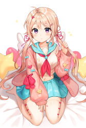 Rule 34 | 1girl, ahoge, aqua skirt, blonde hair, breasts, closed mouth, crop top, hair ornament, hair ribbon, hairclip, holding, holding own hair, jacket, long hair, long sleeves, looking at viewer, low twintails, medium breasts, midriff, miniskirt, nail polish, navel, neckerchief, no shoes, open clothes, open jacket, original, pink jacket, pleated skirt, purple eyes, red nails, ribbon, sailor collar, school uniform, serafuku, shirt, simple background, sitting, skirt, solo, star (symbol), thighhighs, tokkyu, twintails, very long hair, white background, white shirt, white thighhighs, zettai ryouiki