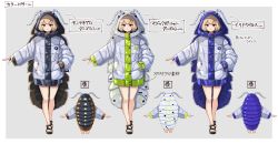 Rule 34 | 1girl, antennae, bare legs, blonde hair, brown eyes, commentary request, green nails, grey background, highres, hip focus, hood, hood up, hooded jacket, hugging own legs, isopod, jacket, looking at viewer, multiple views, nail polish, original, outstretched arm, plan (planhaplalan), sandals, short hair, simple background, smile, toenail polish, toenails, translation request, variations