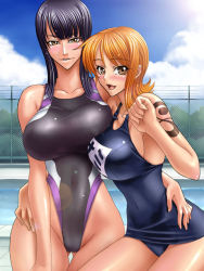 Rule 34 | 2girls, alternate costume, black hair, black one-piece swimsuit, blue one-piece swimsuit, blush, breast press, breasts, competition swimsuit, highleg, highleg swimsuit, hip focus, huge breasts, kagami hirotaka, multiple girls, nami (one piece), nico robin, one-piece swimsuit, one piece, orange hair, pool, school swimsuit, shiny clothes, shoulder tattoo, spandex, swimsuit, tattoo, thighs, wide hips